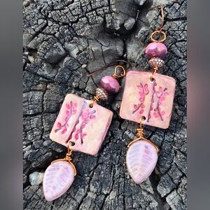 Handcrafted Romantic Rustic Pink Flowers In Clay & Glass In Copper Earrings